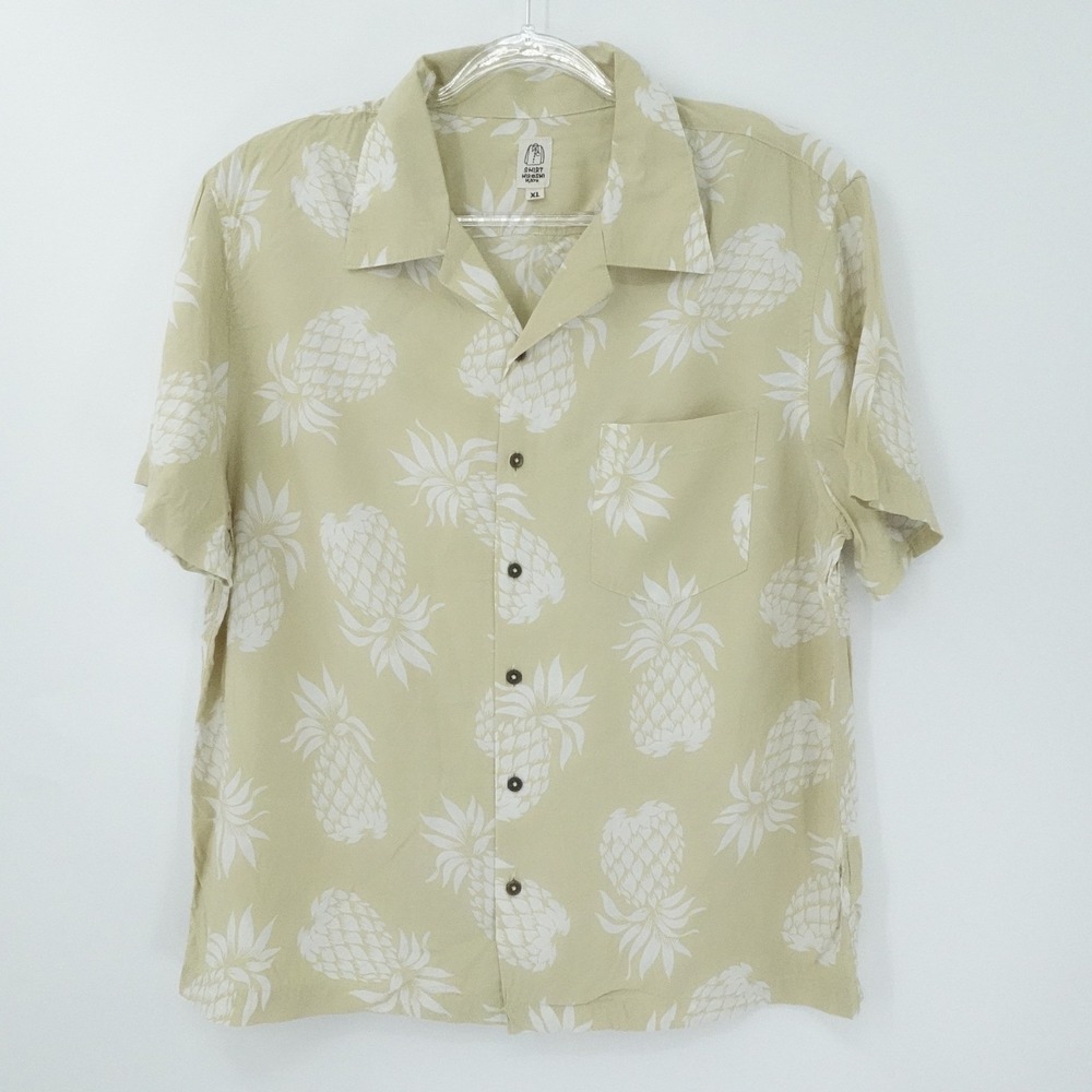 Hiroshi Kato Shirt Mens XL Beige The Wrench Aloha Pineapple Camp Loop Collar